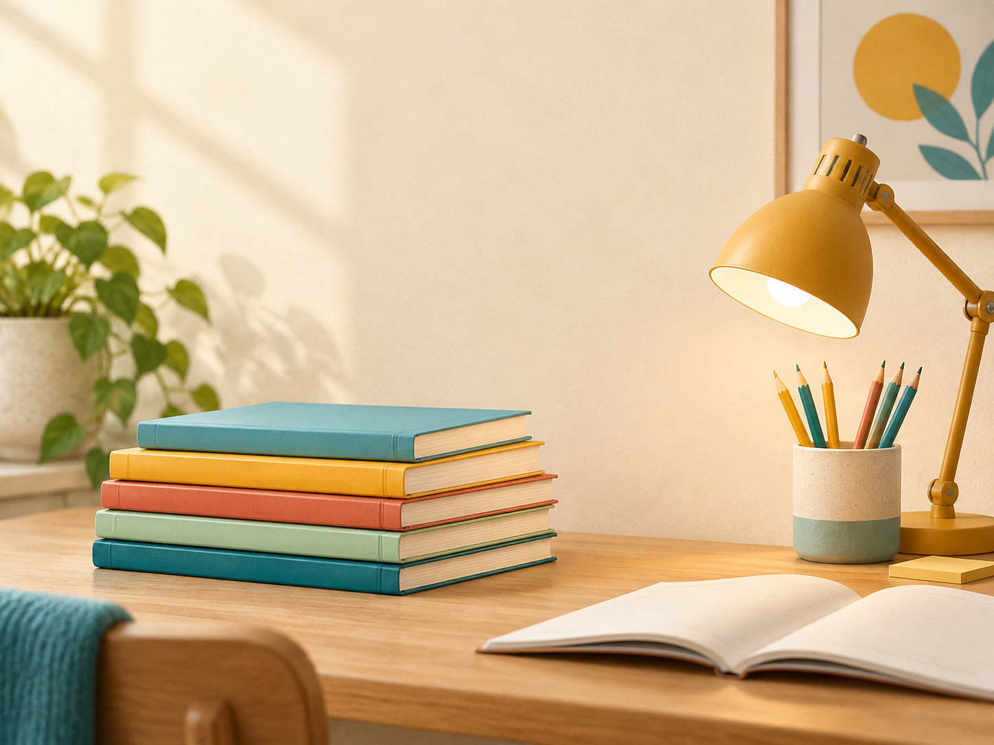 Illustration of books, pencils and a study lamp